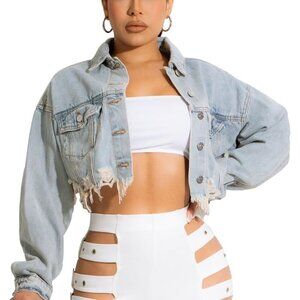Women's Cropped Jean Jacket Button Up Long Sleeve Ripped Denim Jacket Light Blue